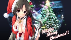 Snow Christmas red eyes long hair black hair cleavage