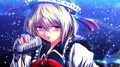 Snow dress hats Ribbons faces blondes microphones blush anime 