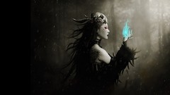 Snow fire feathers skulls long hair black dress fantasy art 