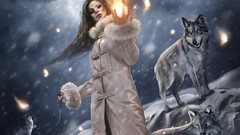 Snow fire woman Wolves fantasy art