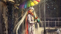 Snow glasses Umbrellas railing white hair gloves coat bows 
