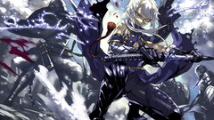 Snow ice weapons Katana blood Anime armor Warriors white hair 