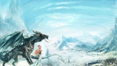 Snow Mountains woman Dragons artwork fantasy art