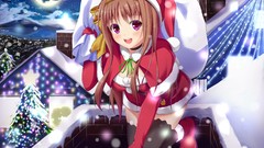 Snow night moon Christmas long hair anime girls brunettes 