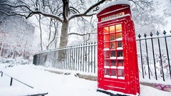 Snow red England phone booth cityscapes English Telephone Booth