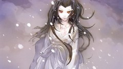 Snow red eyes anime girls black hair cleavage no bra