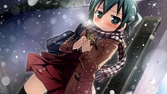 Snow scarfs blush anime girls green eyes school uniforms 