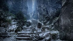snow stairs mountain pass path Prachov Rocks nature rock