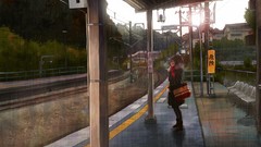 Snow Station platform Bags seats scarfs anime girls boots 