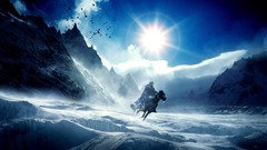 Snow sun Mountains clouds Birds Horses skies fantasy art