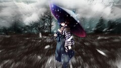 snow Trees umbrella feathers grass anime girls blue hair