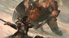 Snow Warriors Fighting Swords shields Vikings Norse fantasy art