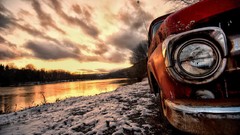 Snow water clouds dawn cars reflections rivers trucks vehicles 