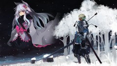 Snow weapons armor Warriors Swords anime girls gray hair animal 