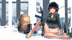 Snow weapons Guns Bags sitting anime girls short hair yellow 