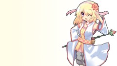 Snow white background staff blondes anime girls wink open mouth 