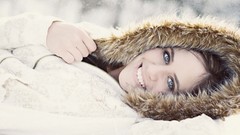 Snow white woman fur teeth hood jackets blue eyes brunettes 