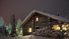 Snow windows evening pine trees Log cabin