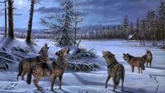 Snow winter Animals paintings Wolves artwork