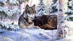 Snow winter Animals Wolves pine trees artwork