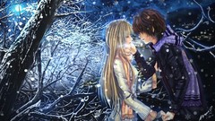 Snow winter branches Anime couple scarfs holding hands