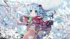 Snow winter branches outdoors blush blue hair long hair anime 