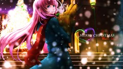 Snow winter Christmas Christmas trees pink hair blue eyes 