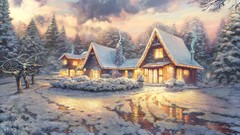 Snow winter Christmas houses Thomas Kinkade artwork