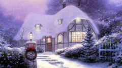 Snow winter Christmas houses Thomas Kinkade artwork
