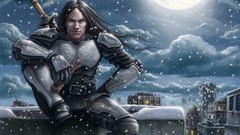 Snow winter City Lights Warriors Swords cityscapes artwork beers