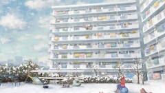 Snow winter clouds buildings anime girls playground artwork yuko