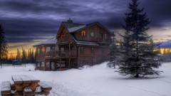 Snow winter clouds houses