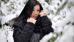 Snow winter cold woman wool scarfs gray eyes black hair sweaters