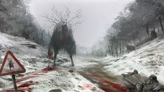 Snow winter dark blood Monsters cars paintings fantasy art