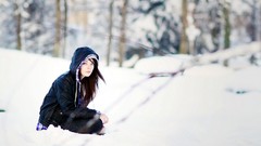Snow winter eyes woman sitting brunettes
