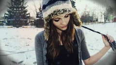 Snow winter eyes woman wool hats faces outdoors brunettes models