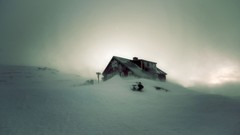 Snow winter gray dark white storm houses cabin solitude