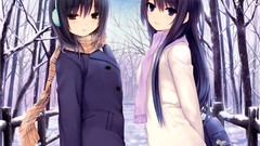 Snow winter ice Anime scarfs anime girls brown eyes black hair 