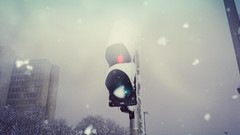 Snow winter light traffic lights Poland buildings