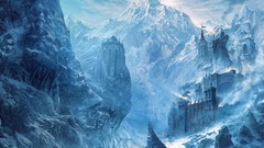 Snow winter Mountains rocks Castles artwork fantasy art