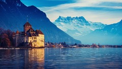 Snow winter Mountains switzerland Castles lake geneva