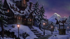 Snow winter night houses artwork fantasy art