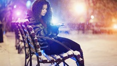 Snow winter night lights Christmas bench brunettes