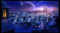 Snow winter night moon planets skies surreal rooftops Villages 