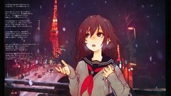 Snow winter night text Anime Bags red eyes schoolgirls cities 