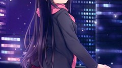 Snow winter night text back schoolgirls buildings skirts scarfs 