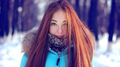 Snow winter red cold woman long hair blue eyes freckles redheads