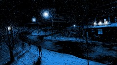 Snow winter roads shadows street lights cityscapes artwork 