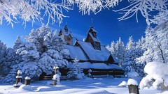 Snow winter seasons cold white houses buildings churches nordic