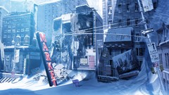 Snow winter signs traffic lights buildings cityscapes power 